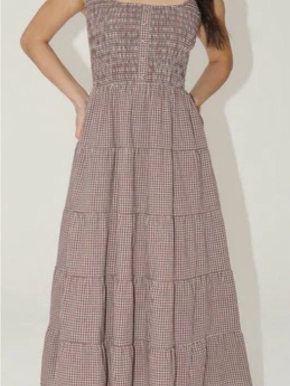 Smocked Gingham Maxi Dress in brown Check